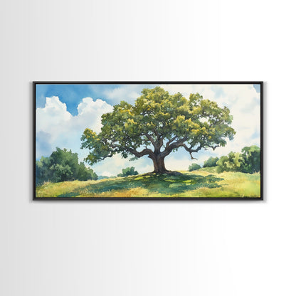 Sprawling Oak Tree Canvas Print Rustic Wall Art Panoramic Painting Nature Scene Bedroom Decor Horizontal Artwork Farmhouse Wall Art