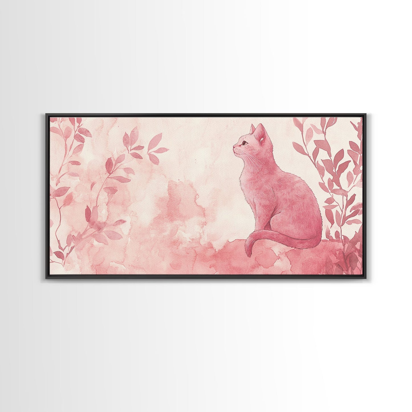 Whimsical Pink Cat Canvas Print Featuring Pink Wall Art Minimalist Art Botanical Prints Light Pink Wall Art Farmhouse Rustic Decor