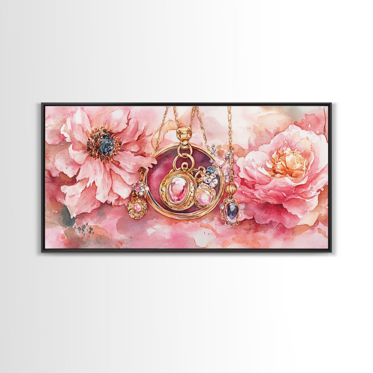 Leinwanddruck mit rosafarbenem Edelsteinschmuck, feminin-elegantes Kunstwerk, glamouröses Rosenbild, Wanddekoration fürs Wohnzimmer, einzigartiges Deko-Geschenk