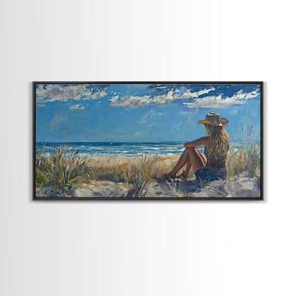 Coastal Cowgirl Framed Canvas Print Coastal Landscape Art Nautical Decor Ocean View Art Horizontal Wall Art Above Bed Wall Art