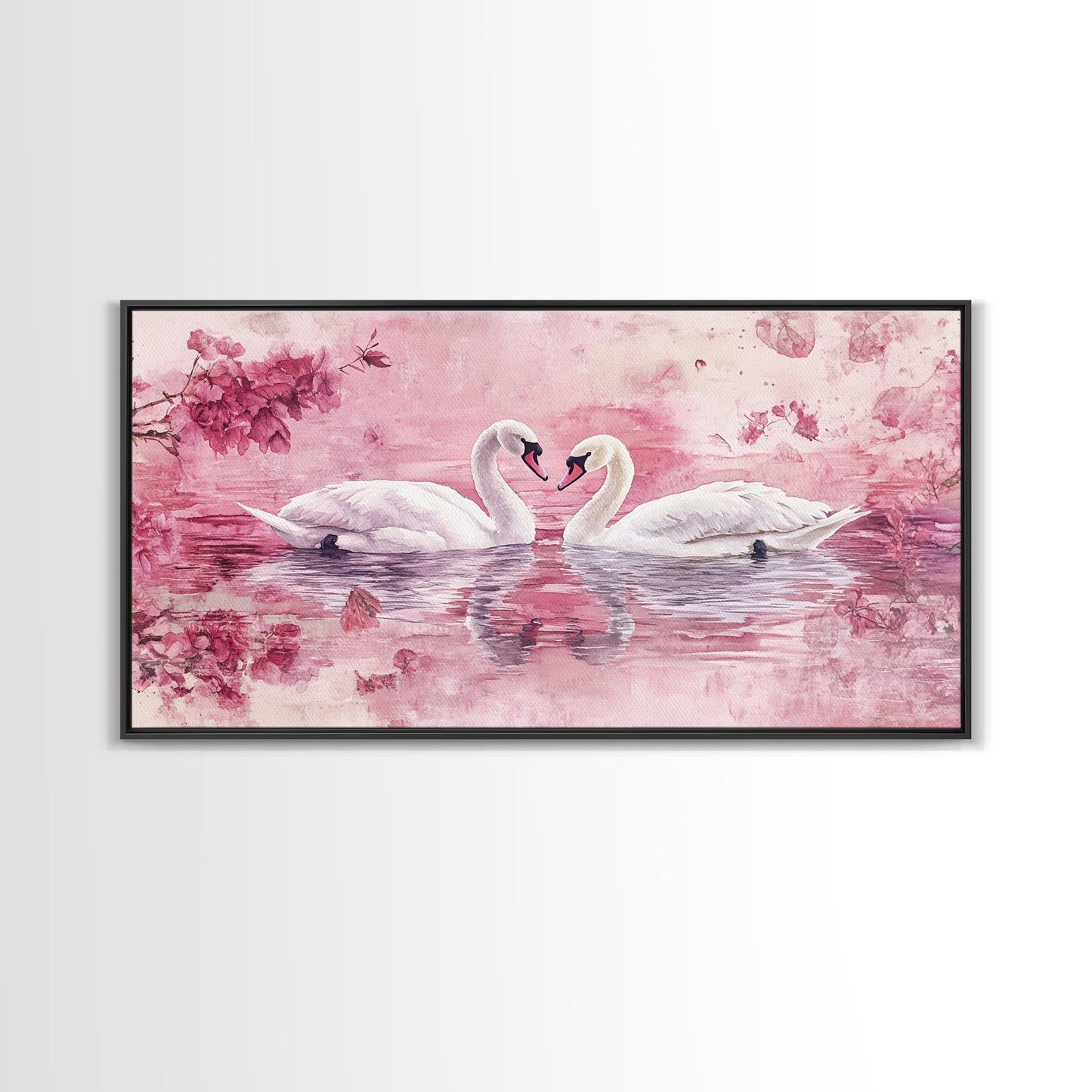 Swan Reflection Watercolor Framed Canvas Print, Romantic Wildlife Art, Cherry Blossom Wall Art, Rustic Farmhouse Decor, Bedroom Art