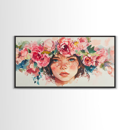 Floral Crown Canvas Print | Goddess Art Print | Pink Abstract Art | Romantic Woman Art | Boho Bedroom Decor Framed Canvas Print