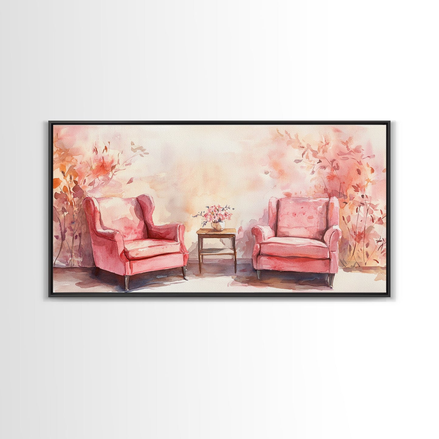 Cozy Pink Living Room Canvas Print with Chairs and Floral Decor, Perfect Rustic Wall Art for Fall or Above Couch Decor, Farmhouse Style