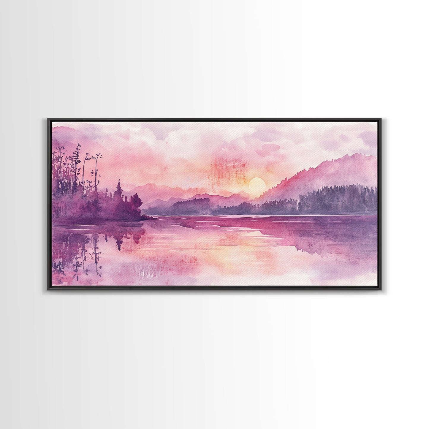 Sunset Landscape Art Framed Canvas Print Pink Orange Wall Art Living Room Art Panoramic Painting Above Couch Art Coastal Decor