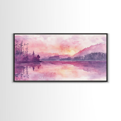 Sunset Landscape Art Framed Canvas Print Pink Orange Wall Art Living Room Art Panoramic Painting Above Couch Art Coastal Decor