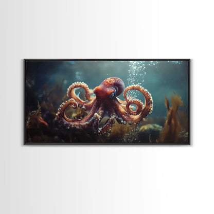 Vibrant Octopus Art Framed Canvas Print, Ocean Wildlife Wall Decor, Rustic Nautical Art, Marine Life Painting, Underwater Sea Art