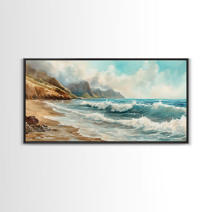 Coastal Landscape Canvas Print with Ocean Waves and Misty Cliffs, Nautical Wall Art Gift Idea, Coastal Decor Beach Painting