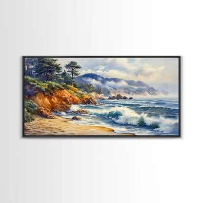 Framed Canvas Print of Scenic Coastal Cliffs and Ocean Waves, Nautical Landscape Art Gift, Rustic Coastal Home Decor