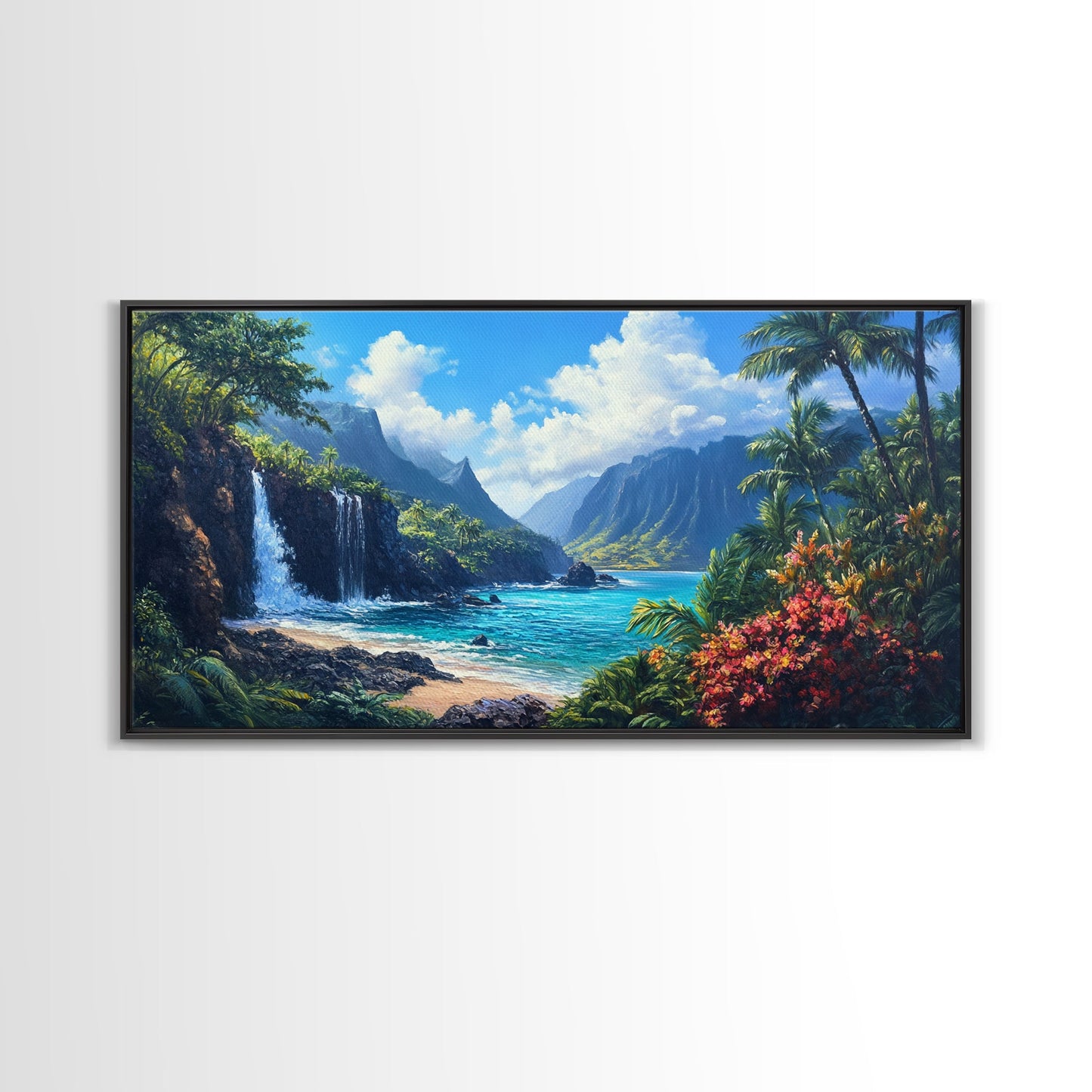 Waterfall Paradise Canvas Print Hawaii Art Coastal Wall Art Above Sofa Decor Rustic Landscape Painting Living Room Art Gift Idea