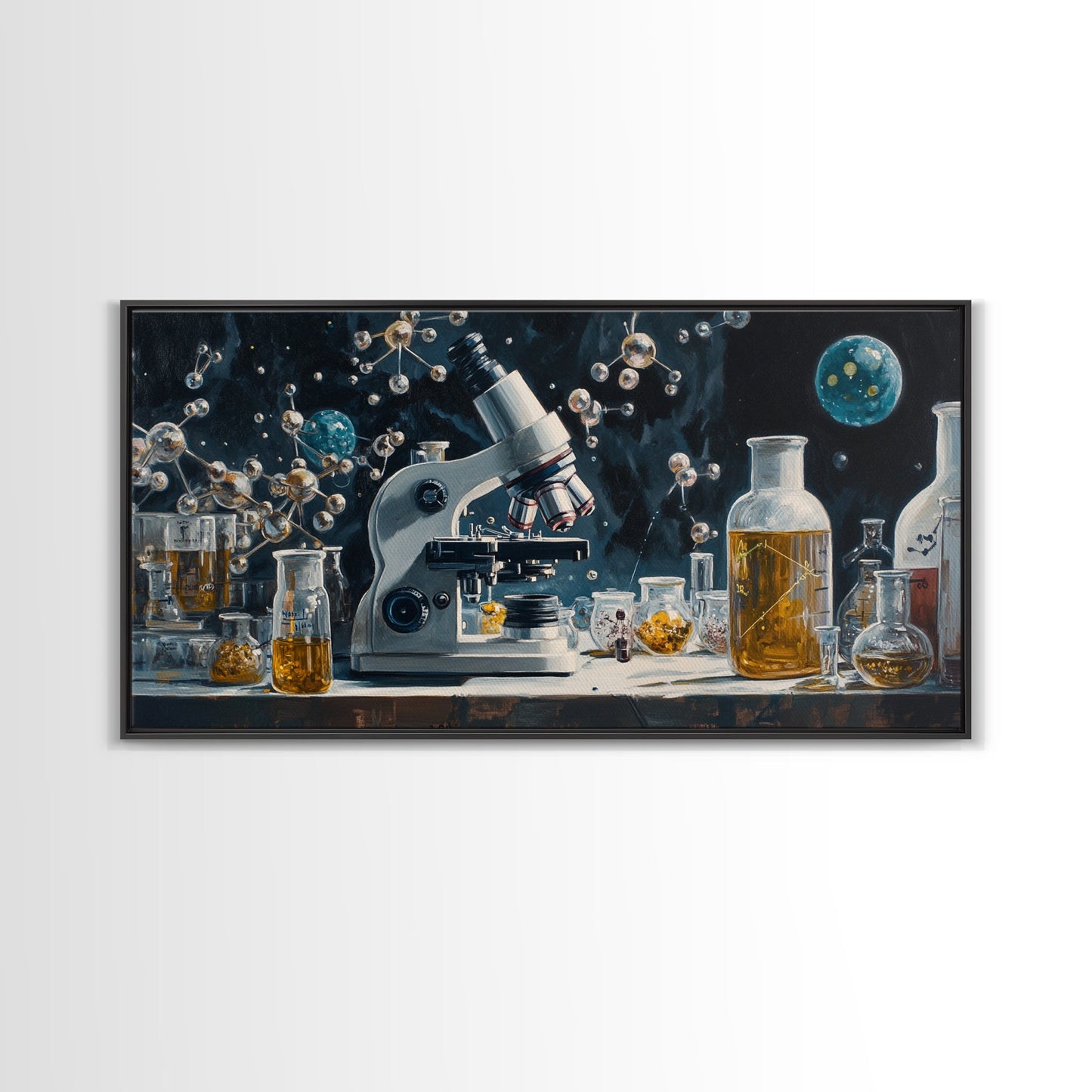 Science Art Framed Canvas Print, Microscope Molecular Wall Decor, Unique Therapy Art, Coastal Modern Living Room Art Gift Idea