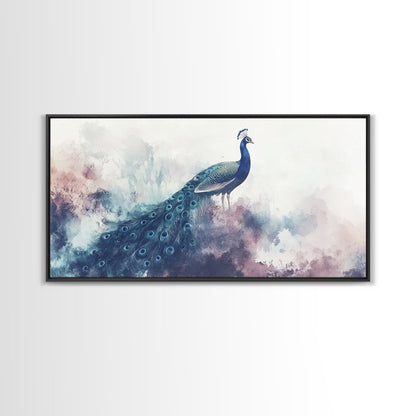 Watercolor Peacock Art Canvas Print, Moody Wildlife Wall Decor, Above Couch Living Room Art, Unique Nature Gift Idea Him Her