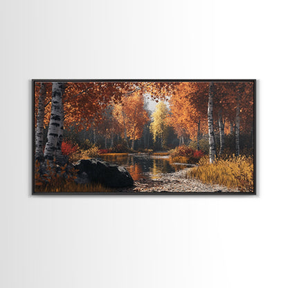 Autumn Birch Tranquility Framed Canvas Print with Birch Tree Painting and Fall Wall Art Rustic Art for Living Room Wall Decor