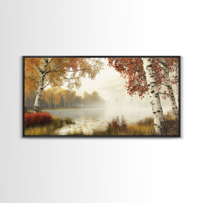 Golden Autumn Mist Canvas Print Featuring Birch Tree Painting and Moody Art Rustic Wall Art Above Sofa Art for Living Room