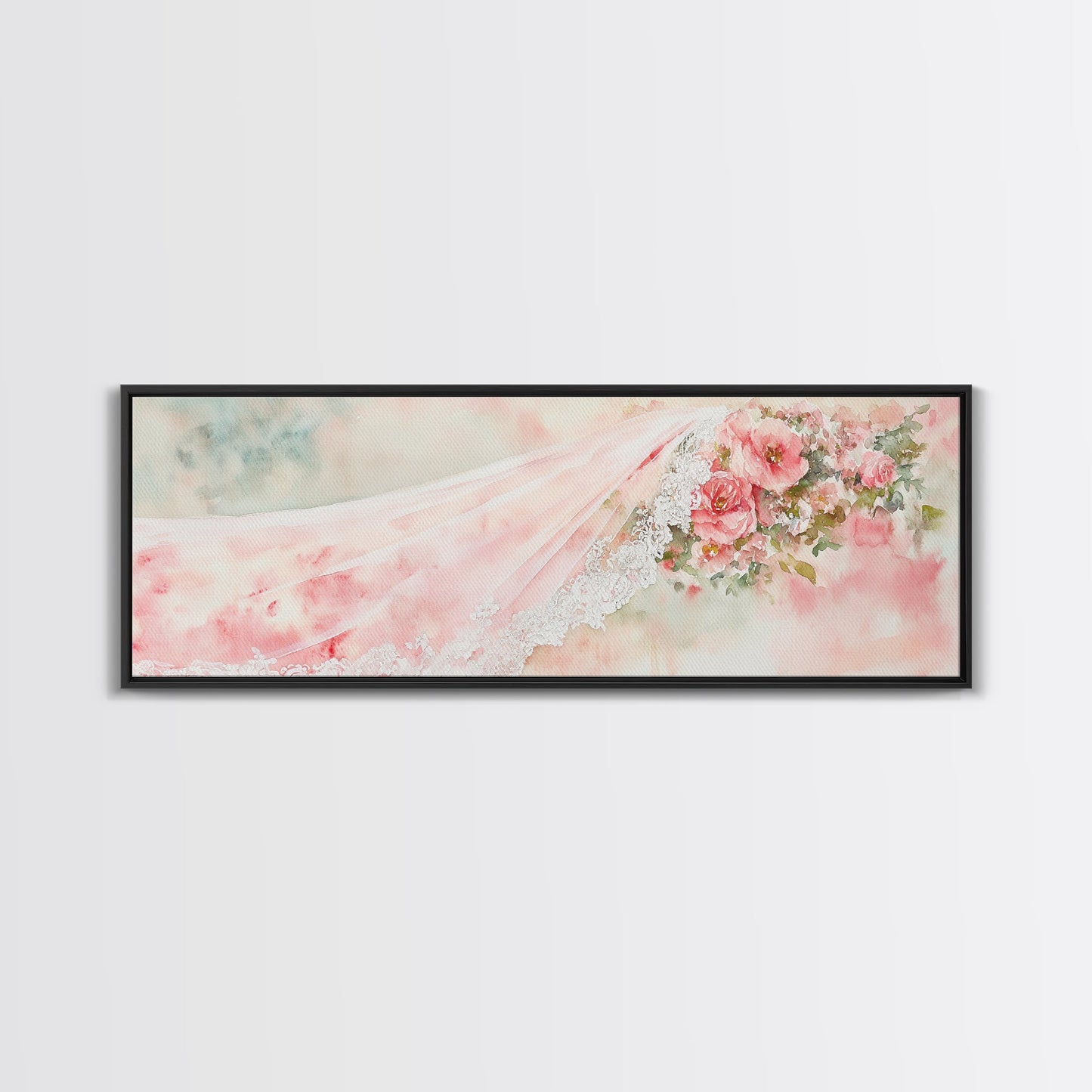 Romantic Rose Painting Canvas Print Featuring Bridal Lace, Botanical Prints Ideal Bedroom Art or Wedding Gift Idea