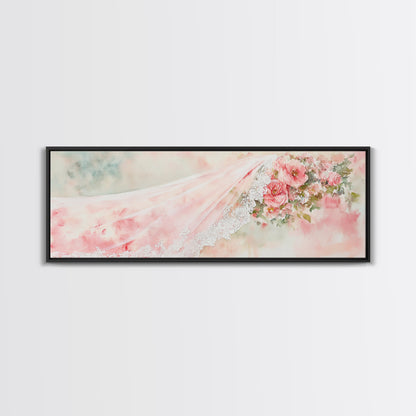 Romantic Rose Painting Canvas Print Featuring Bridal Lace, Botanical Prints Ideal Bedroom Art or Wedding Gift Idea