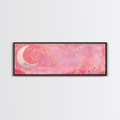 Crescent Moon Painting Canvas Print with Whimsical Starry Sky, Pink Wall Art for Living Room or Guest Room, Dreamy Decor