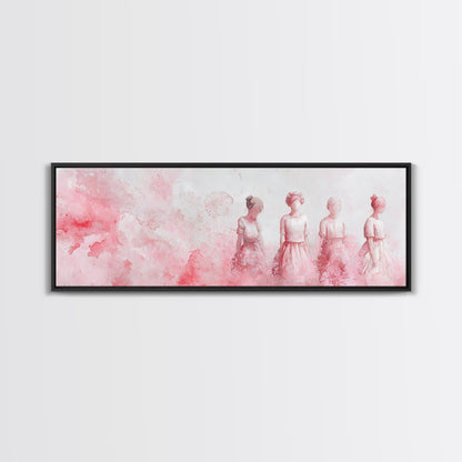 Four Women Canvas Print in Pink Abstract Art Style, Feminine Whimsical Aesthetic, Minimalist Living Room or Guest Room Horizontal Art