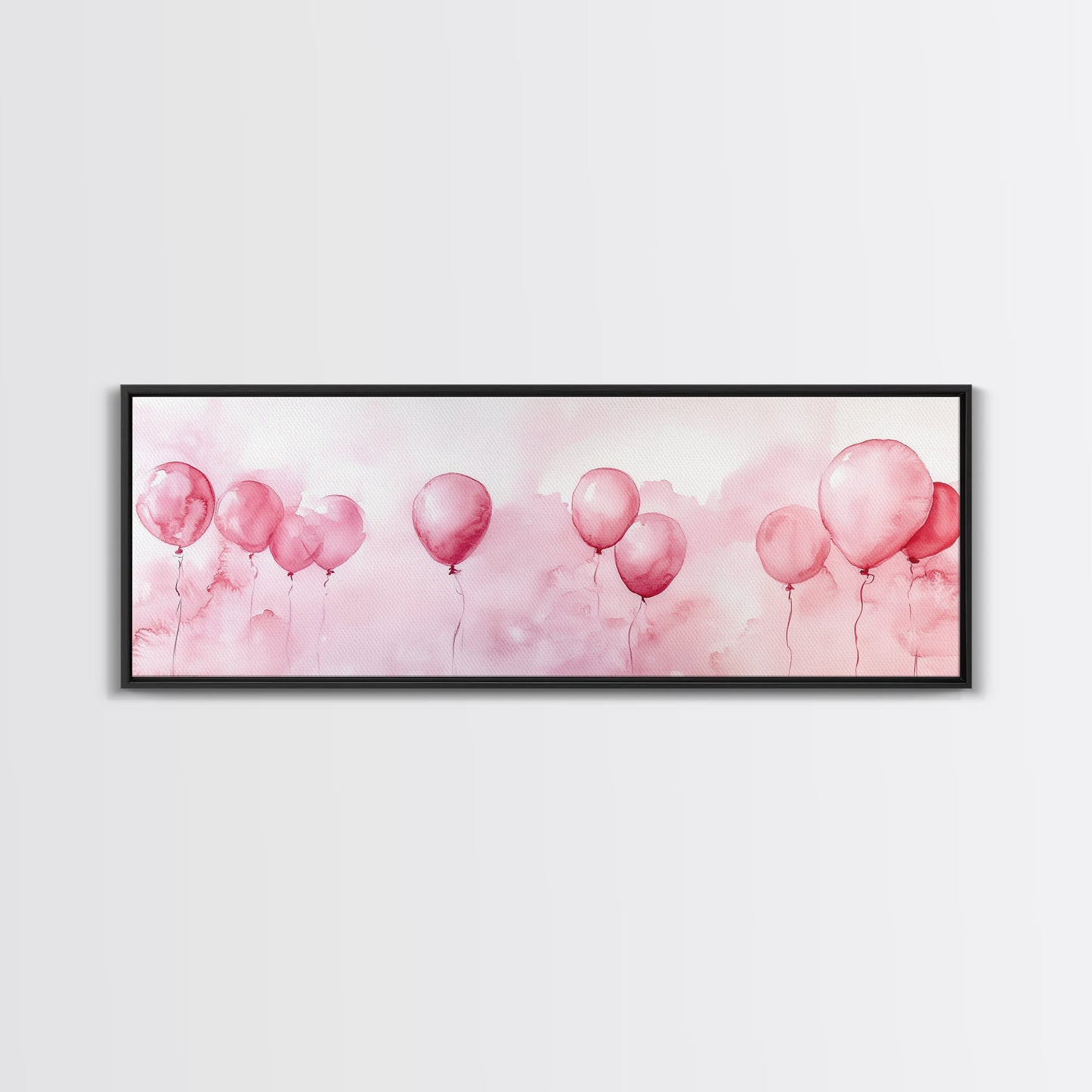 Balloon Painting Framed Canvas Print in Pastel Pink Hues, Whimsical Horizontal Artwork, Light Pink Wall Art for Living Room Decor