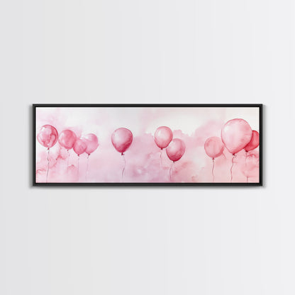 Balloon Painting Framed Canvas Print in Pastel Pink Hues, Whimsical Horizontal Artwork, Light Pink Wall Art for Living Room Decor