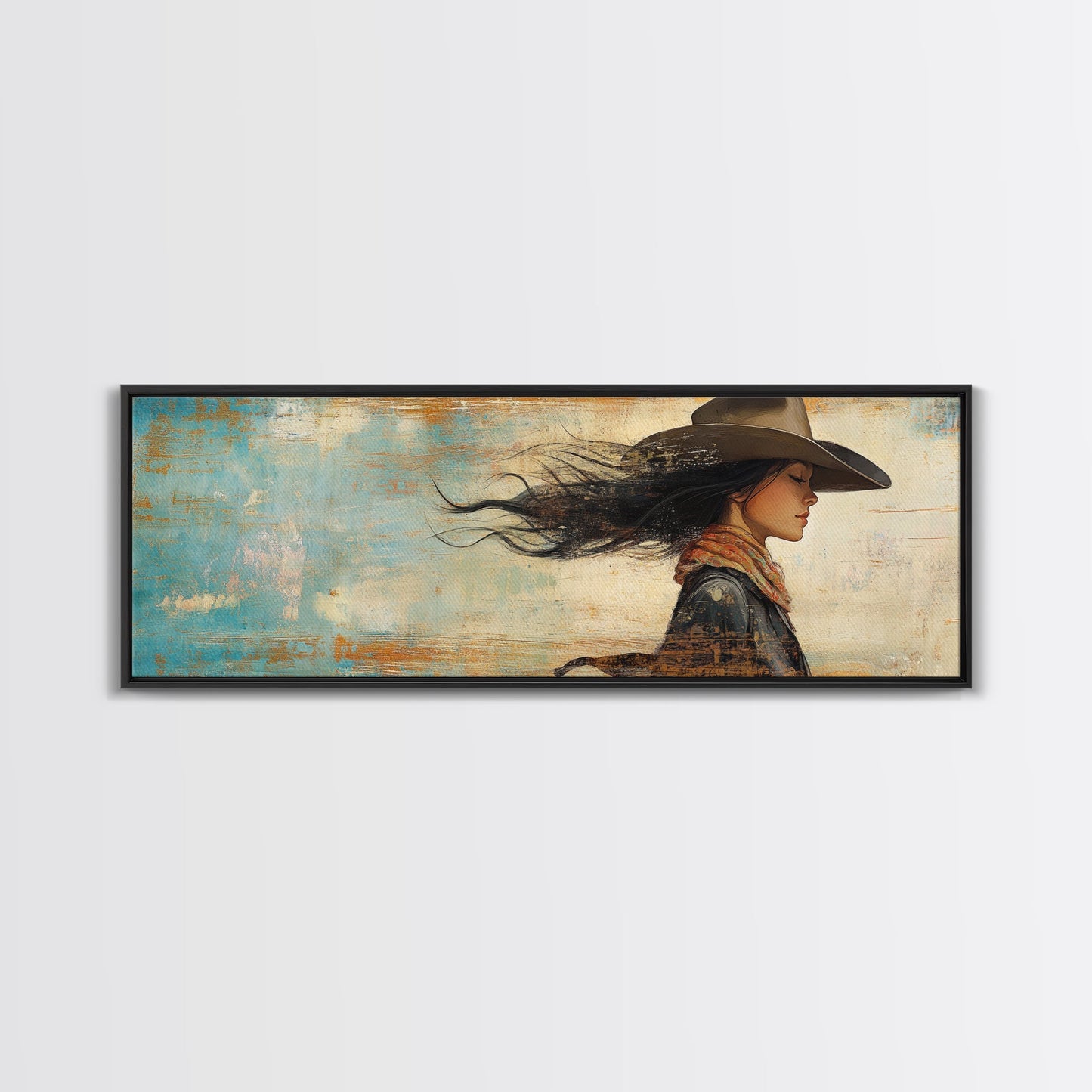 Cowgirl Canvas Print Southwest Wall Art Minimalist Boho Art Afrocentric Painting Extra Wide Horizontal Artwork Decor