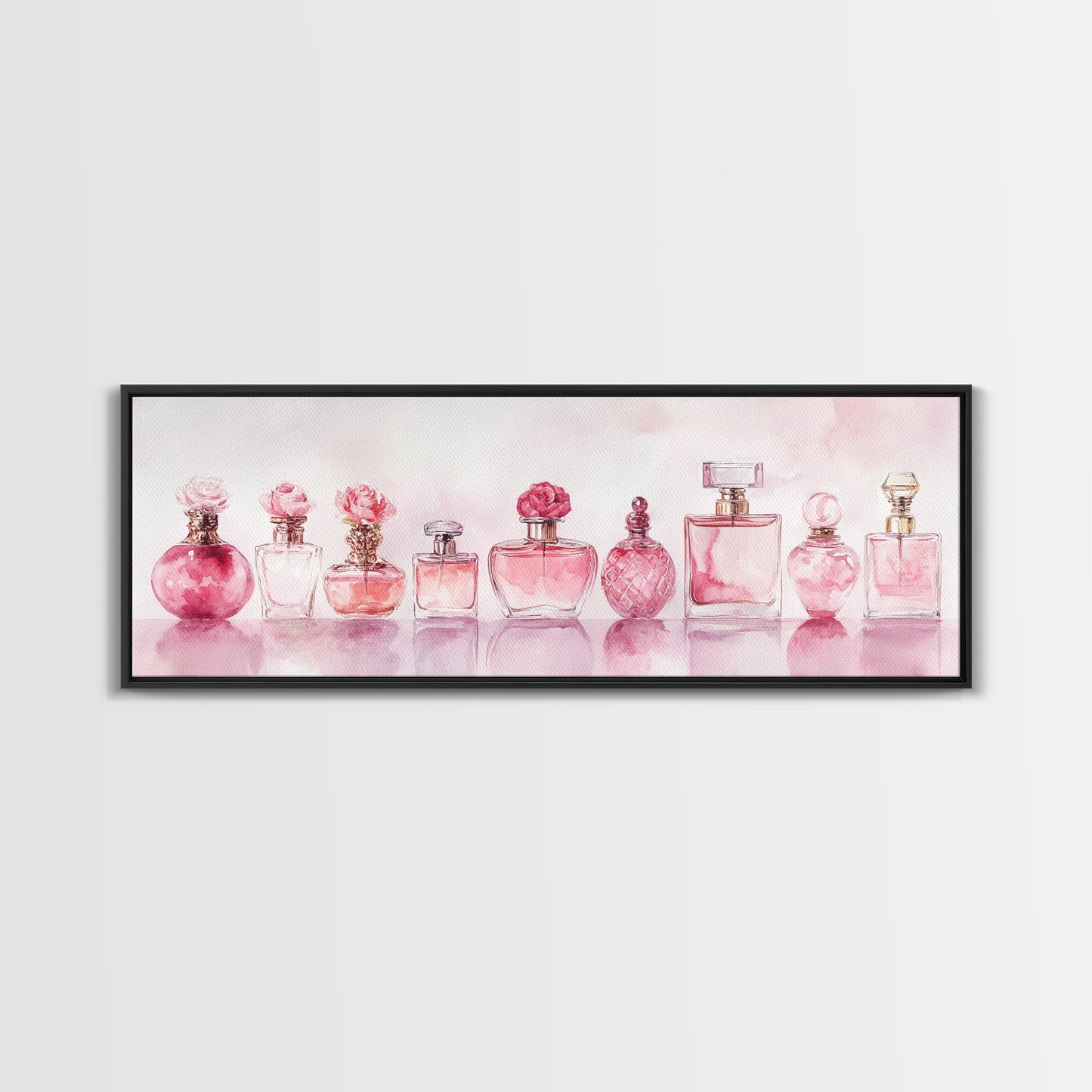 Framed Canvas Print Perfume Bottle Art Pink Abstract Art Feminine Decor Gift Idea Minimalist Living Room Wall Art Horizontal Painting