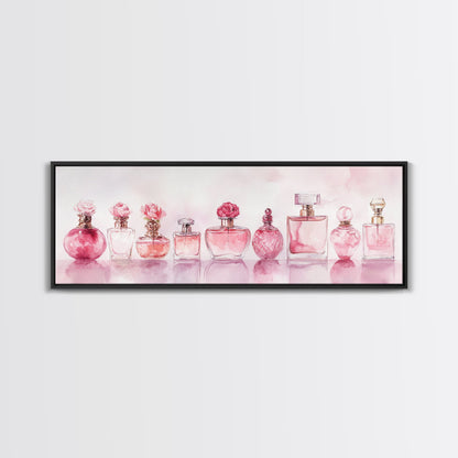 Framed Canvas Print Perfume Bottle Art Pink Abstract Art Feminine Decor Gift Idea Minimalist Living Room Wall Art Horizontal Painting