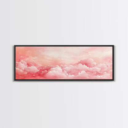 Pink Cloudscape Framed Canvas Print Light Pink Wall Art Above Sofa Horizontal Art Moody Sky Coastal Decor Gift Idea For Her Bedroom Art