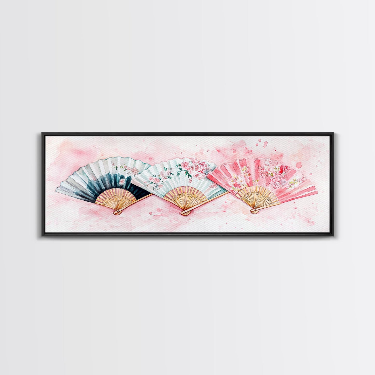 Floral Hand Fan Art Framed Canvas Print Chinoiserie Pink Wall Art Botanical Prints Horizontal Bedroom Living Room Décor Gift Idea