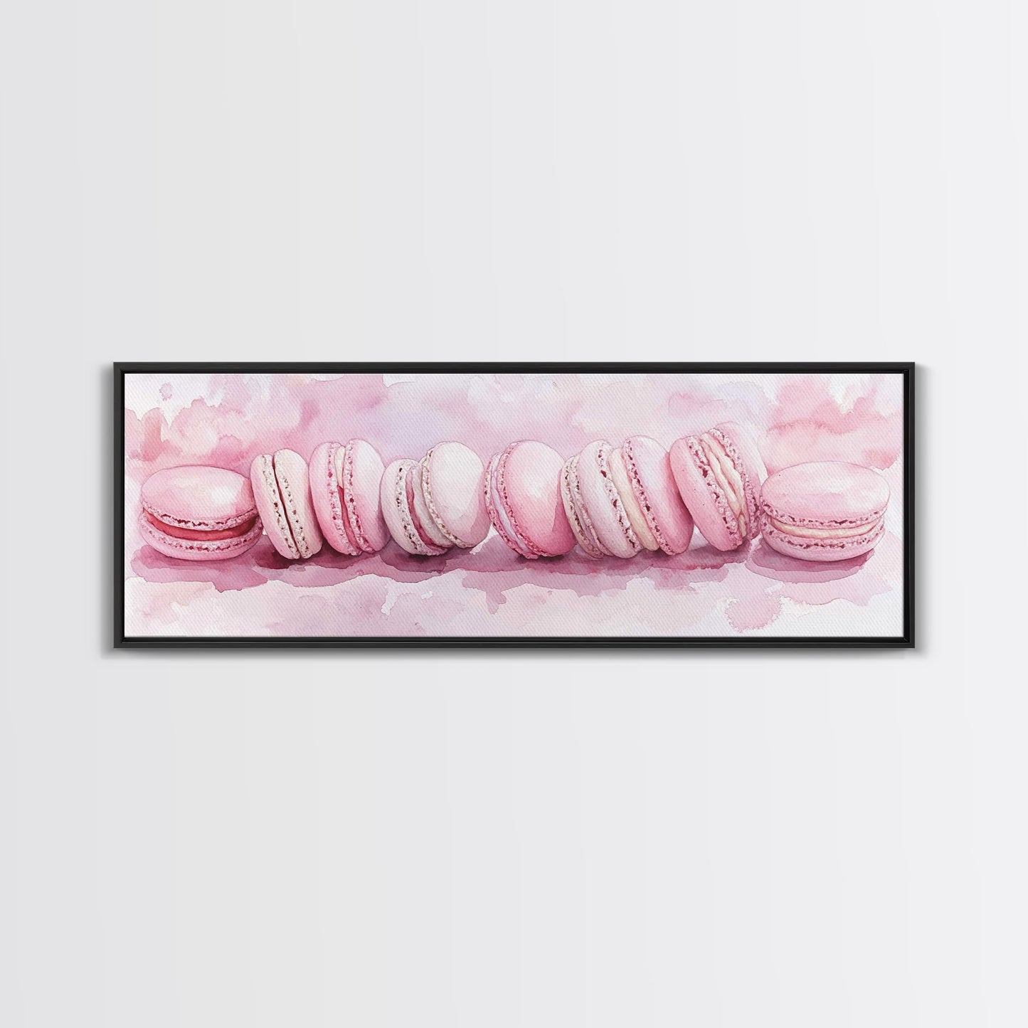 Whimsical Macarons Pink Wall Art Framed Canvas Print Extra Wide Horizontal Dessert Painting Food Review Kitchen Art