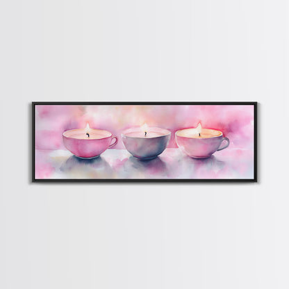 Candlelight Framed Canvas Print, Cozy Pastel Teacup Candles Art, Light Pink Wall Decor, Bedroom or Dining Room Whimsical Artwork