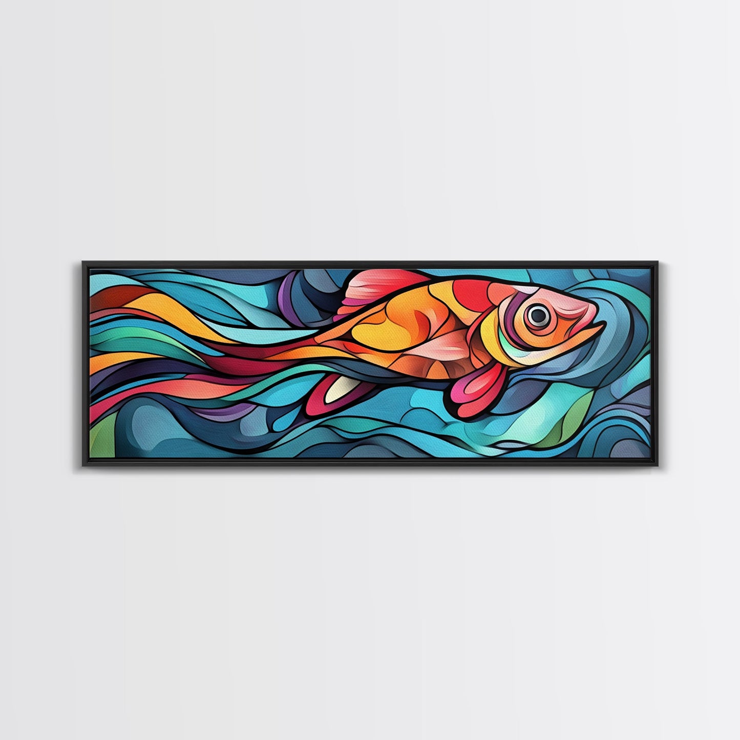 Abstract Goldfish Flow Framed Canvas Print, Whimsical Wall Art, Colorful Art, Teal Painting, Gift Idea, Skinny Wall Art, Bedroom Decor