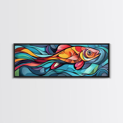 Abstract Goldfish Flow Framed Canvas Print, Whimsical Wall Art, Colorful Art, Teal Painting, Gift Idea, Skinny Wall Art, Bedroom Decor