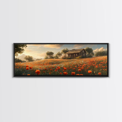 Sunlit Poppy Meadow Framed Canvas Print – Rustic Decor, California Poppy Art, Landscape Painting, Extra Wide Art, Guest Room Art
