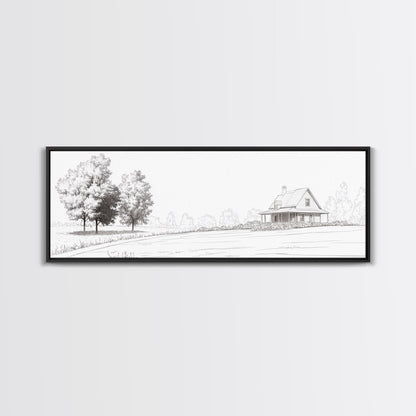 Rustic Farmhouse Framed Canvas Print, Black and White Landscape Art, Above Sofa Wall Art Minimalist Living Room Country Decor