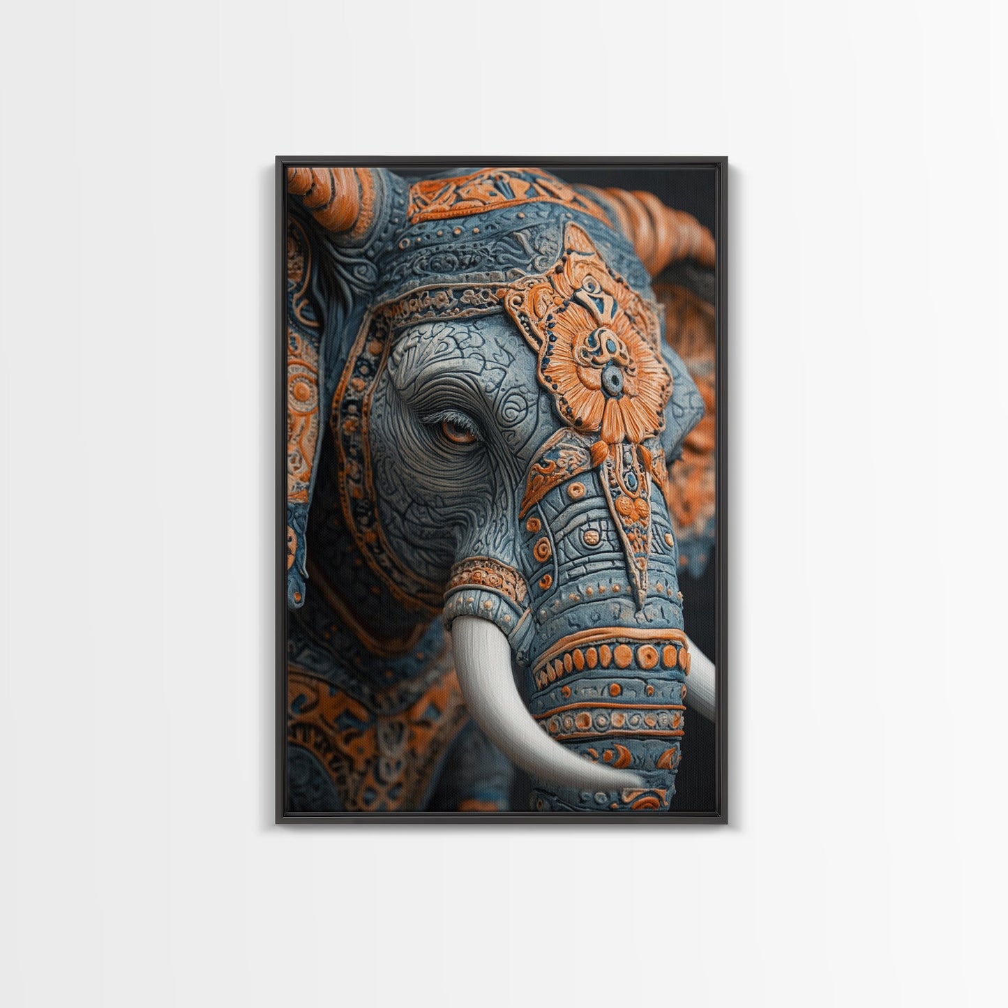 Detailed Elephant Face Framed Canvas Print – Kerala Mural Art, Sacred Geometry Decor, Ganesh Wall Art Rustic Boho Inspired Room Decor