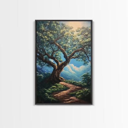 Majestic Oak Tree Framed Canvas Print – Oak Tree Art, Rustic Landscape Painting, Above Sofa Wall Art, Wabi Sabi Living Room Decor