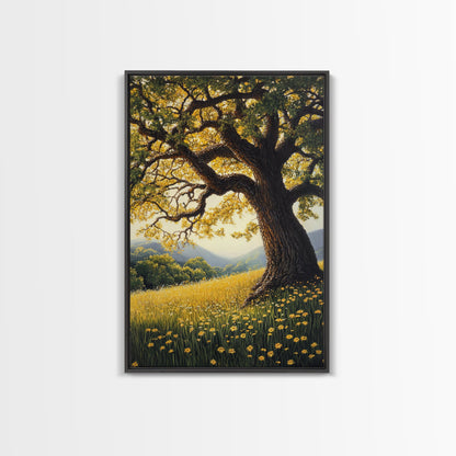 Vibrant Meadow Tree Canvas Print Rustic Wall Art Wildflower Landscape Painting Living Room Artwork Above Sofa Art Fall Decor