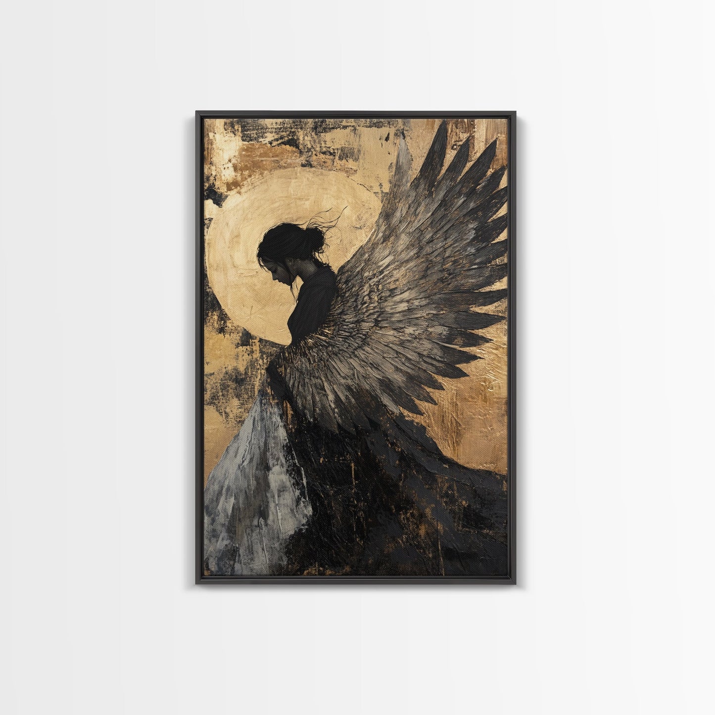 Golden Angel Wings Framed Canvas Print Dark Angel Wall Art Moody Gothic Artwork Gold Abstract Print Rustic Wall Decor Gift Idea