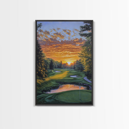 Scenic Golf Sunset Framed Canvas Print, Landscape Painting, Bedroom Wall Art, Rustic Decor, Horizontal Living Room Art
