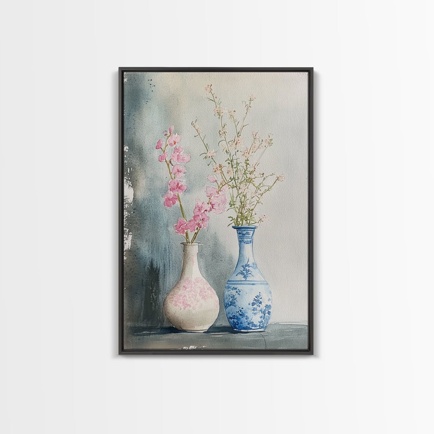 Delicate Vases Framed Canvas Print Wildflower Painting Botanical Prints Minimalist Art Light Pink Wall Art Rustic Decor Gift Idea