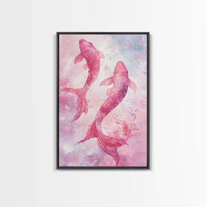 Watercolor koi fish painting in vibrant pink tones, perfect bedroom decor, framed canvas print, whimsical art above bed wall art