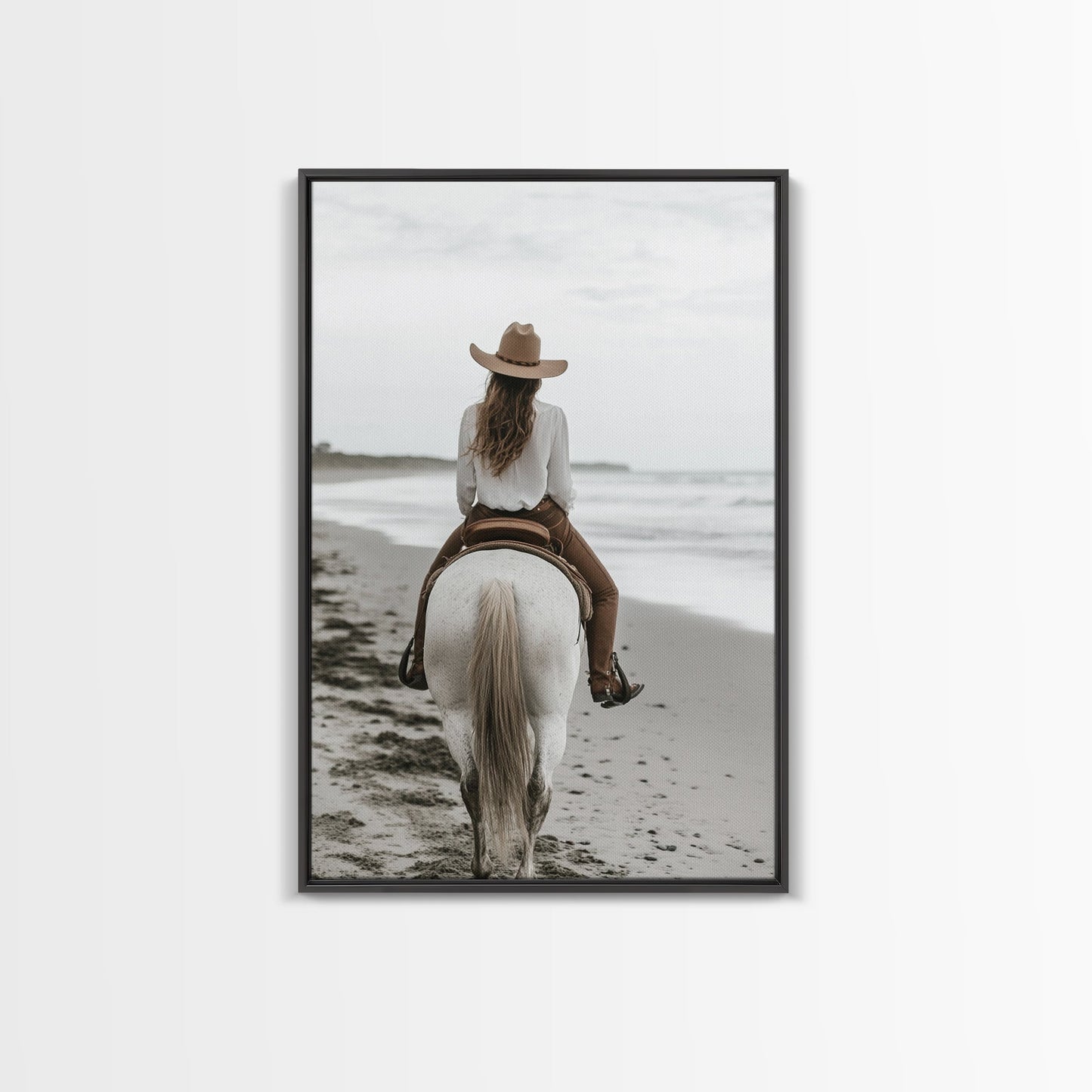 Serene Beach Ride Canvas Print Horse and Ocean Wall Art Coastal Cowgirl Rustic Decor Framed Canvas Home Living Room Artwork Gift