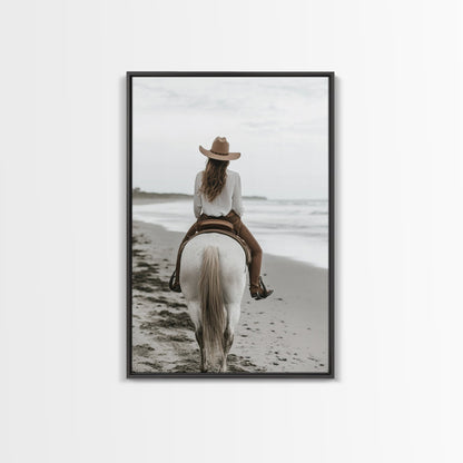 Serene Beach Ride Canvas Print Horse and Ocean Wall Art Coastal Cowgirl Rustic Decor Framed Canvas Home Living Room Artwork Gift