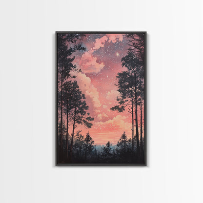 Starry forest scene painting on framed canvas print, forest at dusk painting, smoky mountain art, wabi sabi art, above couch decor
