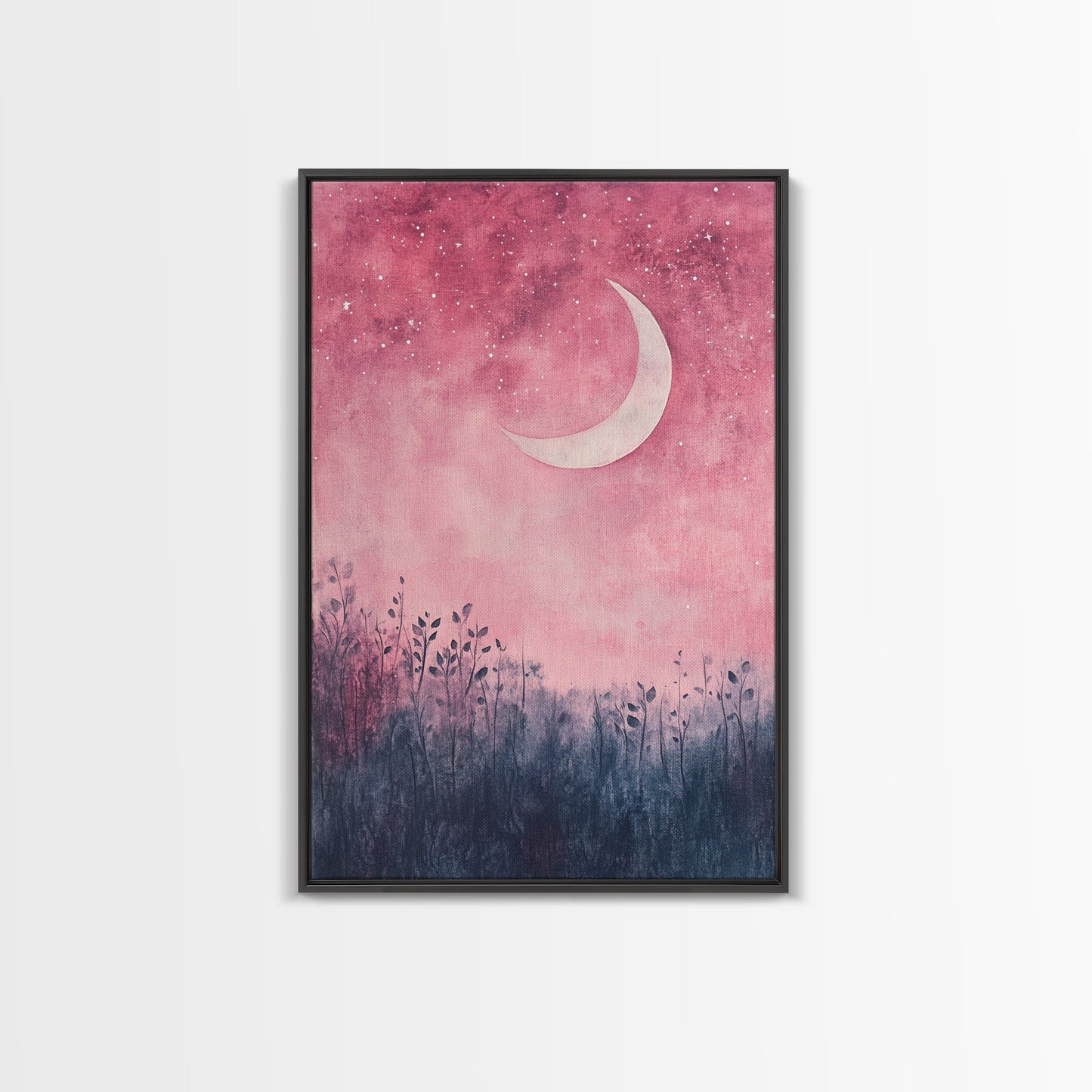 Crescent moon painting on framed canvas print, moody art, pink abstract art, cherry blossom painting, vertical wall art decor