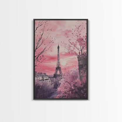 Paris Eiffel Tower Canvas Print Cherry Blossom Painting Romantic Cityscape Art Bedroom Wall Art Boho Dorm Rustic Decor Gift