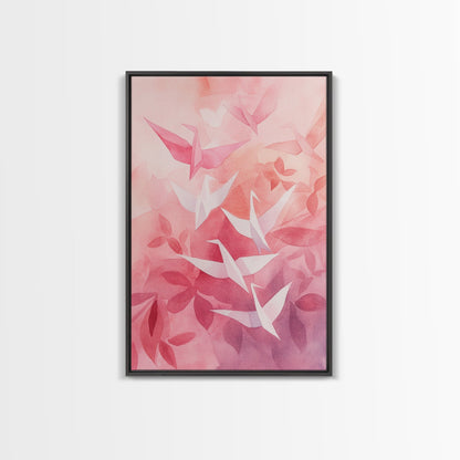 Origami Crane Painting Framed Canvas Print Whimsical Wall Art Light Pink Room Decor Minimalist Art Cherry Blossom Inspired Gift Idea