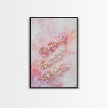Elegant Floral Hair Accessories Canvas Print, Whimsical Art, Feminine Wall Art, Pink Abstract Art, Light Pink Wall Art, Bedroom Decor