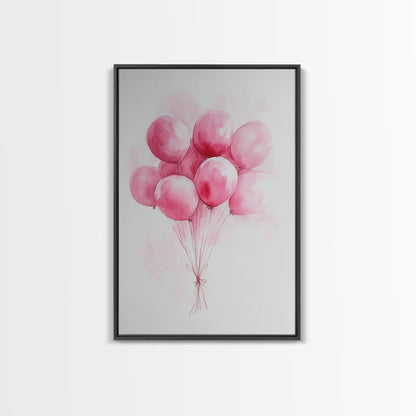 Pink Abstract Balloon Bouquet Framed Canvas Print, Whimsical Party Wall Art Light Pink Decor, Ideal Rustic Bedroom Aesthetic