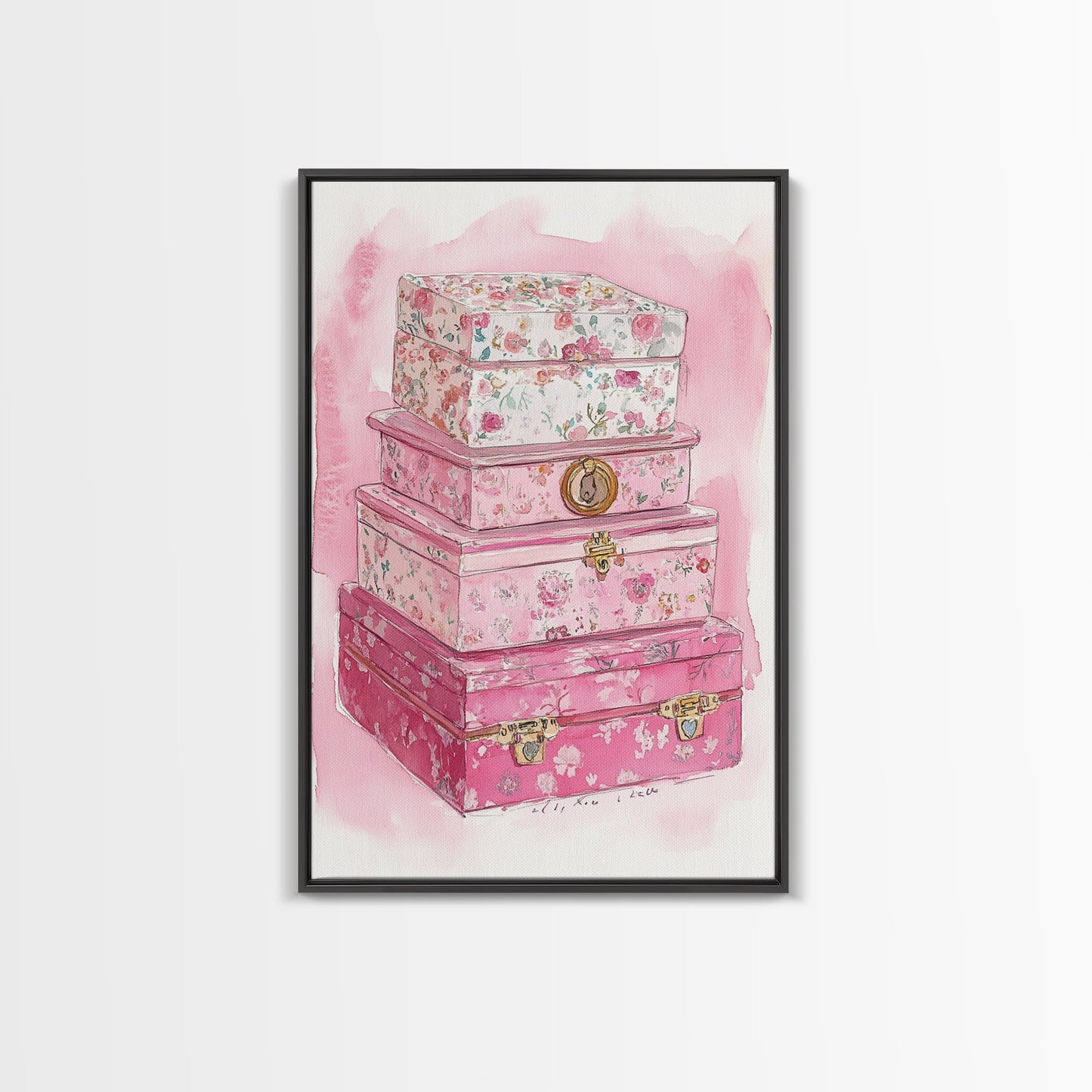 Floral stackable decorative boxes framed canvas print chic boho decor whimsical rustic art idea cozy wall decor charming bedroom addition
